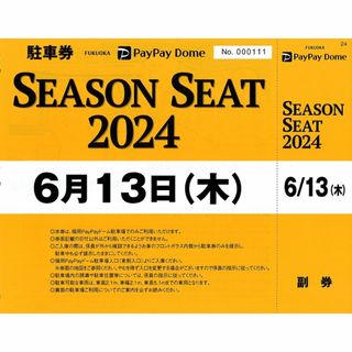 福岡ソフトバンク vs 東京ヤクルト★6月13日(木)★駐車券1枚(野球)