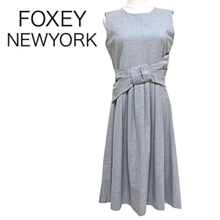 FOXEY NEW YORK - FOXEY NEWYORK リボン ノースリーブ フリルワンピース グレー 40