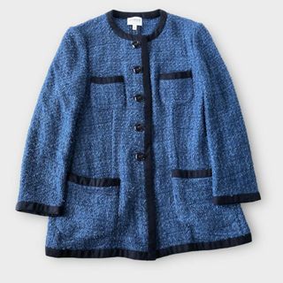 ARMANI アルマーニ　ツイード ノーカラー ジャケット L 青