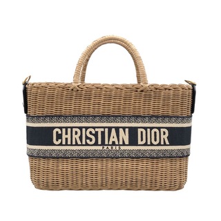 Christian Dior - 　クリスチャン・ディオール Christian Dior オブリークバスケットバッグ ブラウンｘGD金具 キャンバスレザーラタン レディース ハンドバッグ
