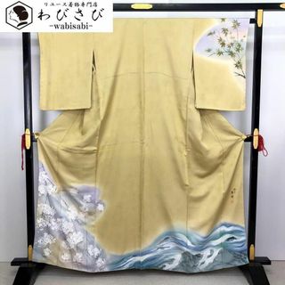 訪問着 作家物 紫峰 桜の花 波模様 窃黄色 トールサイズ K-2962(着物)