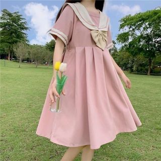 【大人気商品】ロリータ　ワンピース　セーラー服　コスプレ　ピンク　桃　半袖　(ロングワンピース/マキシワンピース)