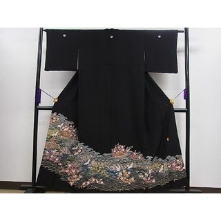 平和屋1■豪華黒留袖　友禅　作家物　飛鶴風景花文　逸品　CAAC9848ze(着物)