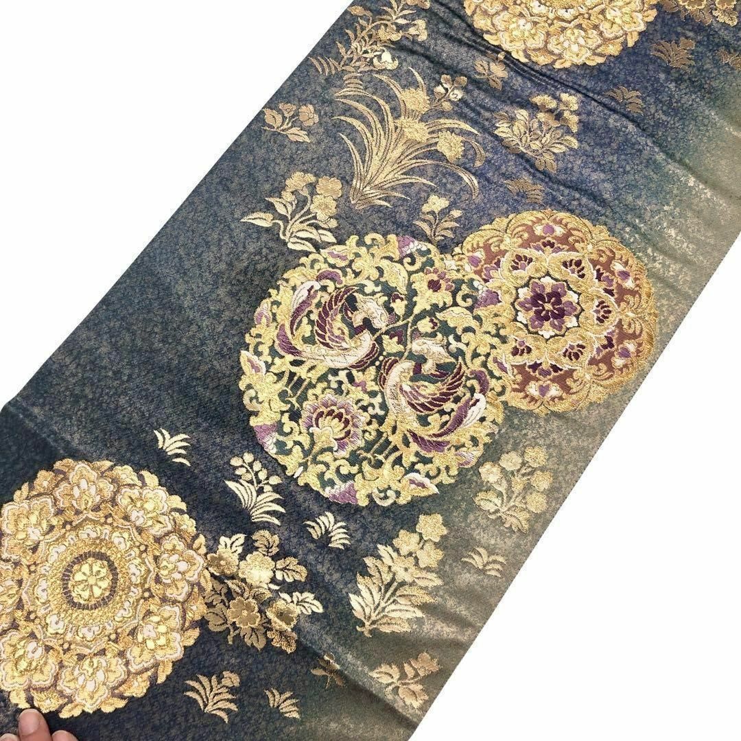 袋帯 じゅらく帝王紫 煌びやかで美しい丸華模様に鳳凰 青碧色 金糸 O-3426 レディースの水着/浴衣(着物)の商品写真