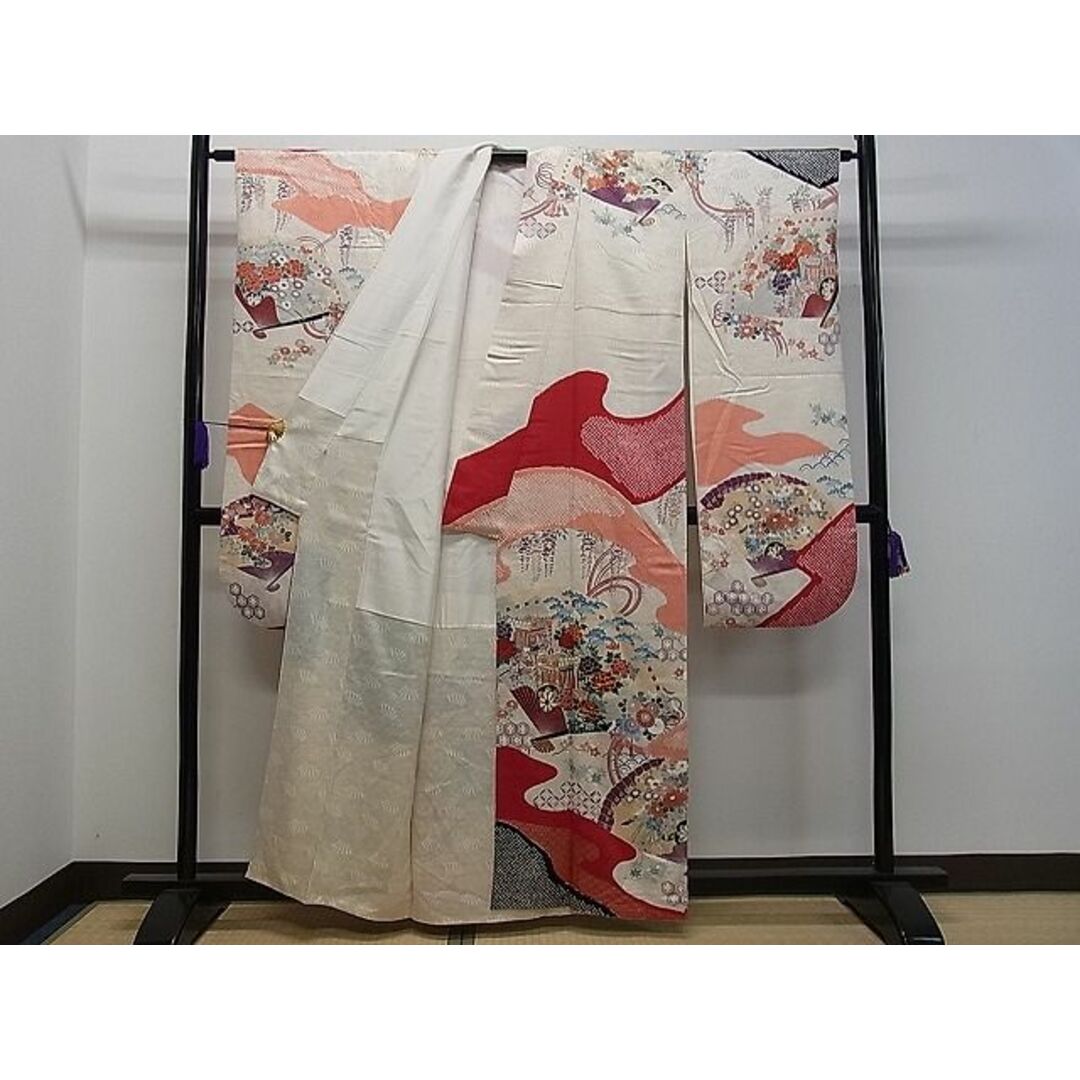 平和屋1□豪華振袖 駒刺繍 絞り 檜扇御所車花文 金彩 逸品 CAAB3626gh 平和屋1□豪華振袖 駒刺繍 絞り 檜扇御所車花文 金彩 逸品 CAAB3626gh