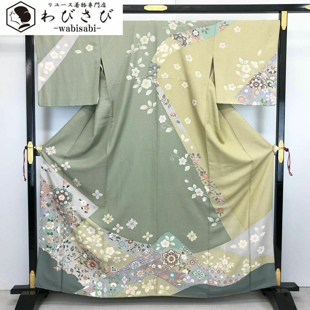 訪問着 美しい花柄模様 金駒刺繍 金彩 縮緬 薄灰緑色 K-3573 訪問着 美しい花柄模様 金駒刺繍 金彩 縮緬 薄灰緑色 K-3573