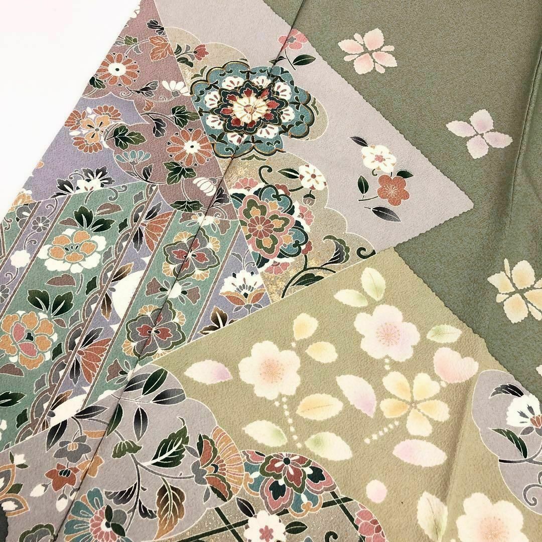 訪問着 美しい花柄模様 金駒刺繍 金彩 縮緬 薄灰緑色 K-3573 訪問着 美しい花柄模様 金駒刺繍 金彩 縮緬 薄灰緑色 K-3573