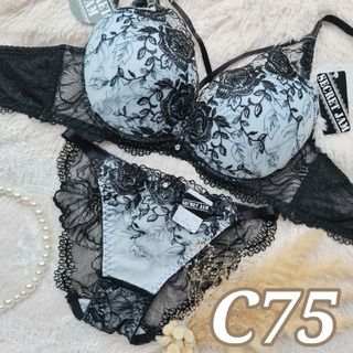 №786【C75】ダスティゴシックラメローズブラジャー&バック透けショーツ(ブラ&ショーツセット)