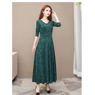 【大人気】ワンピース　グリーン　ドレス　パーティー　スカート　七分袖　ロング　緑(ロングドレス)