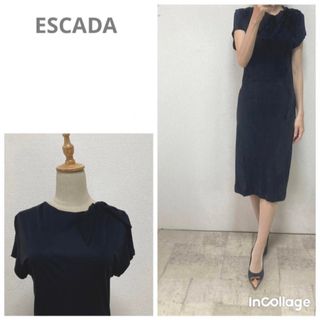 エスカーダ(ESCADA)のエスカーダ 襟元リボンジャージーミディ丈ワンピース 34 ブラック　ラウンジ(ひざ丈ワンピース)