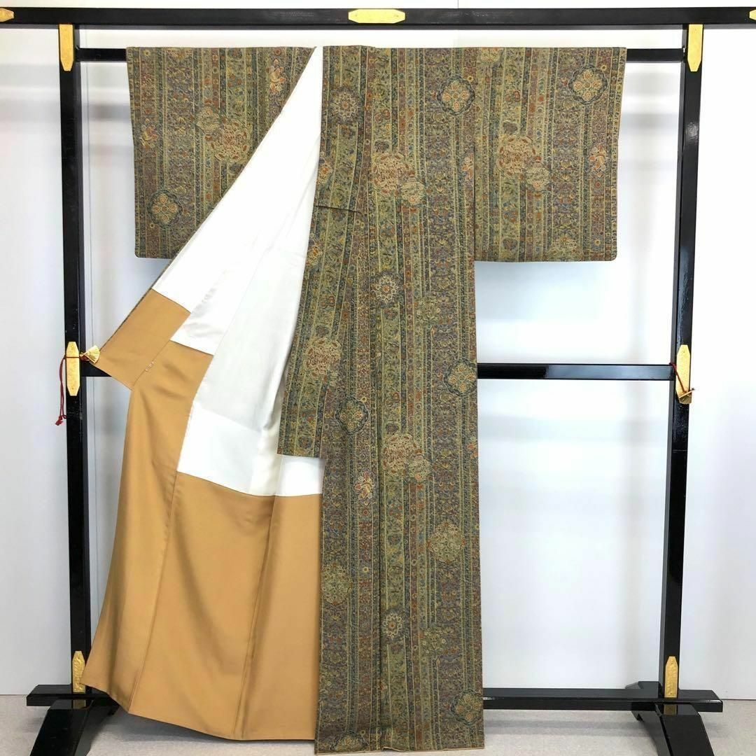 小紋 縦柄花鳥更紗模様 美しい色彩 ますいわ屋誂 海松色 縮緬 K-3464 小紋 縦柄花鳥更紗模様 美しい色彩 ますいわ屋誂 海松色 縮緬 K-3464