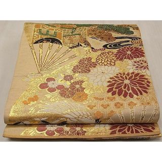 平和屋1◎アンティーク　大正ロマン　丸帯　扇面草花文　金糸　逸品　CAAB7177ku(帯)