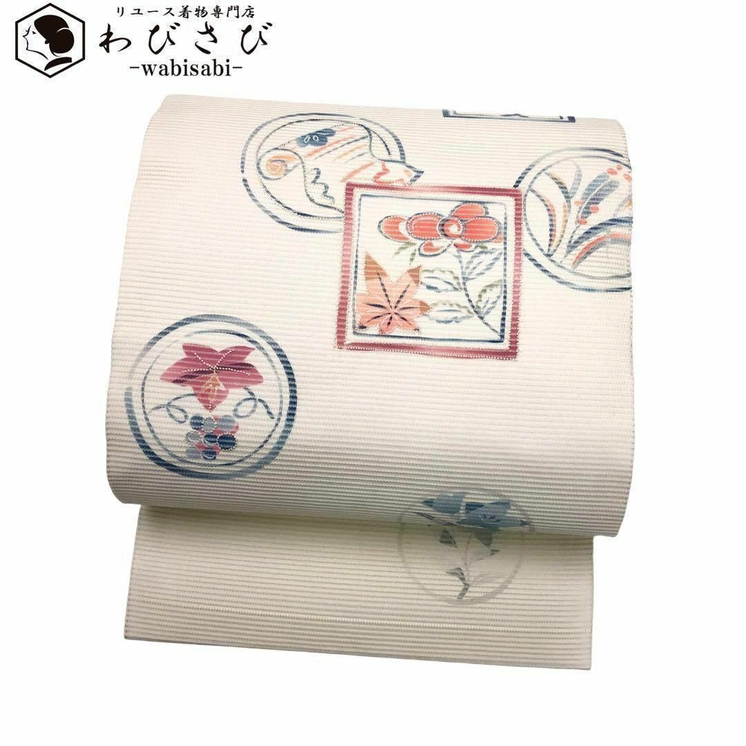 夏帯 名古屋帯 絽 相良刺繍 草花 紅葉 巻物 乳白色 O-2663 夏帯 名古屋帯 絽 相良刺繍 草花 紅葉 巻物 乳白色 O-2663