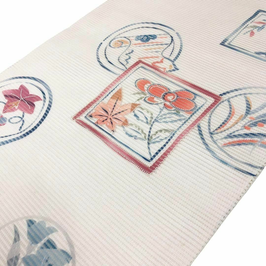 夏帯 名古屋帯 絽 相良刺繍 草花 紅葉 巻物 乳白色 O-2663 夏帯 名古屋帯 絽 相良刺繍 草花 紅葉 巻物 乳白色 O-2663