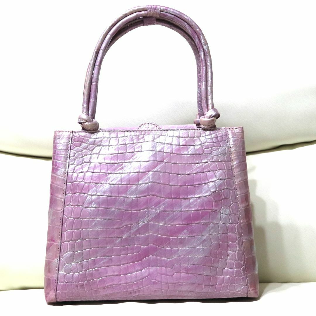 CRESCHENDシャイニングクロコダイルハンドバッグ　パープル　シルバー
