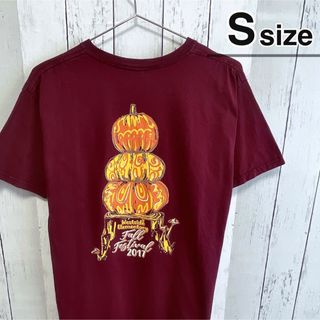 USA古着　Tシャツ　Sサイズ　ワインレッド　ボルドー　プリント　ロゴ　カボチャ(Tシャツ/カットソー(半袖/袖なし))