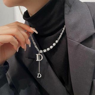 シルバー925色czダイヤモンド ネックレス★Dロング チャーム結婚式ジュエリー(ネックレス)