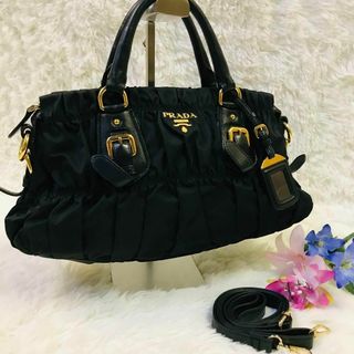 プラダ(PRADA)の【極美品】プラダ ショルダーバッグ 2way ギャザー ゴールドロゴ ナイロン(ショルダーバッグ)