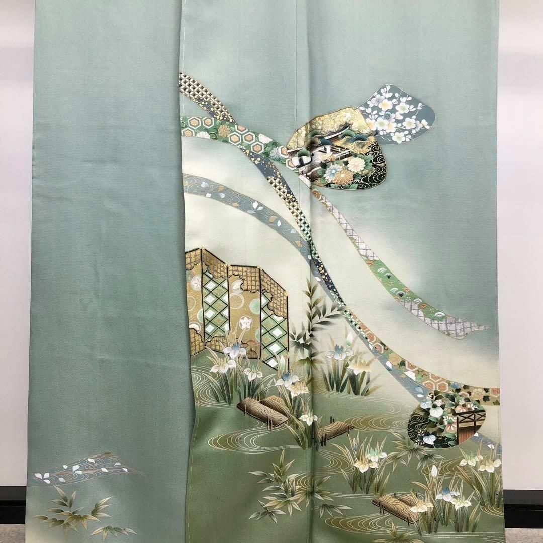 訪問着 貝合わせに熨斗 金彩花模様 豆青色 しつけ糸 K-3652 訪問着 貝合わせに熨斗 金彩花模様 豆青色 しつけ糸 K-3652