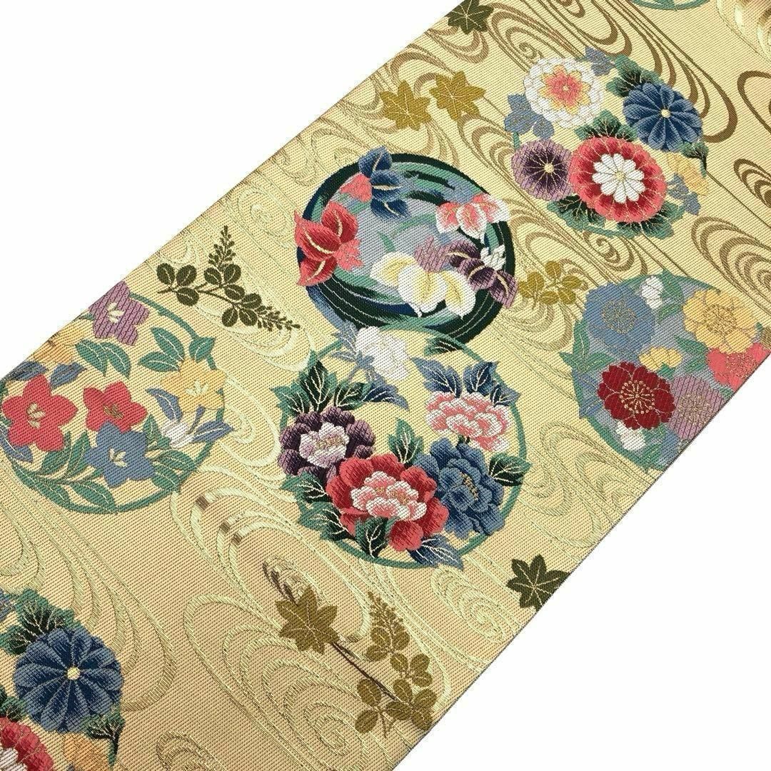 袋帯 彩り鮮やかな四季の花柄 流水模様 金糸 支子色 O-3463 袋帯 彩り鮮やかな四季の花柄 流水模様 金糸 支子色 O-3463