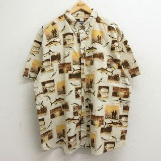 WOOLRICH - XL★古着 ウールリッチ WOOLRICH 半袖 シャツ メンズ 釣り 魚 総柄 大きいサイズ ロング丈 コットン ボタンダウン 薄ベージュ他 カーキ 24may27 中古 トップス