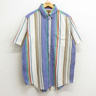 L★古着 半袖 シャツ メンズ 90年代 90s コットン ボタンダウン 白他 ホワイト ストライプ 24may27 中古 トップス(シャツ)