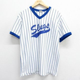 L★古着 半袖 ビンテージ Tシャツ メンズ 80年代 80s Slugs LINK 99 Vネック USA製 白他 ホワイト ストライプ 24may27 中古(Tシャツ/カットソー(半袖/袖なし))