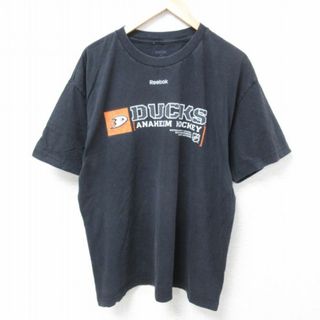 リーボック(Reebok)のXL★古着 リーボック REEBOK 半袖 ブランド Tシャツ メンズ NHL アナハイムダックス コットン クルーネック 黒 ブラック アイスホッケー 24may27 中古(Tシャツ/カットソー(半袖/袖なし))