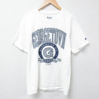 チャンピオン(Champion)のL★古着 チャンピオン Champion 半袖 ブランド Tシャツ メンズ ジョージタウン ホヤス クルーネック 白 ホワイト 24may27 中古(Tシャツ/カットソー(半袖/袖なし))