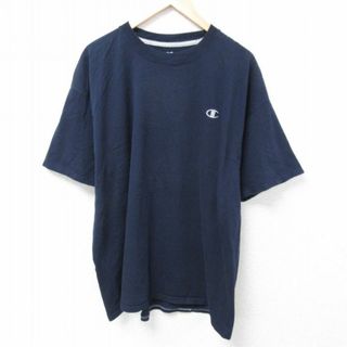 チャンピオン(Champion)のXL★古着 チャンピオン Champion 半袖 ブランド Tシャツ メンズ ワンポイントロゴ 大きいサイズ クルーネック 紺 ネイビー 24may27 中古(Tシャツ/カットソー(半袖/袖なし))