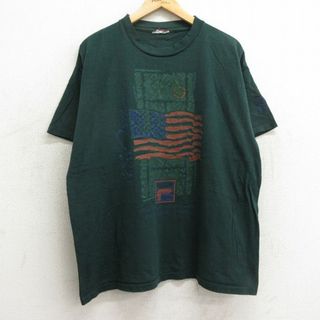 フィラ(FILA)のXL★古着 フィラ FILA 半袖 ビンテージ Tシャツ メンズ 90年代 90s 星条旗 テニス クルーネック 緑 グリーン 24may27 中古(Tシャツ/カットソー(半袖/袖なし))