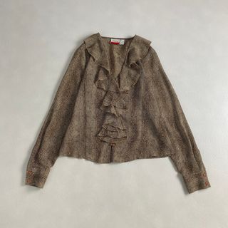 美品　ブラウス　フリル　パイソン柄　昭和レトロ　ブラウン(シャツ/ブラウス(長袖/七分))