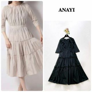 【ANAYI】定価7.4万＊タフタティアードワンピース　フレアシルエット　38