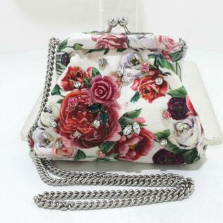 DOLCE&GABBANA - DOLCE&GABBANA(ドルチェアンドガッバーナ) ショルダーバッグ美品  バラ ボルドー×アイボリー×マルチ がま口/ラインストーン/チェーンショルダー/ミニバッグ 化学繊維×金属素材