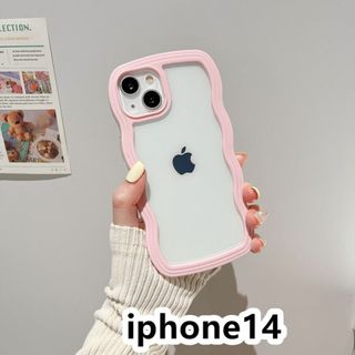 iphone14ケース　波型　 耐衝撃ピンク417(iPhoneケース)