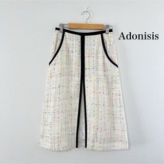 adonisis アドニシス ツイード 花柄レース切り替え 高級スカート 白(ひざ丈スカート)