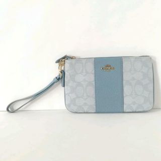 コーチ(COACH)のCOACH(コーチ) リストレット美品  シグネチャー柄 ライトブルー×ブルーグレー ジャガード×レザー(ポーチ)