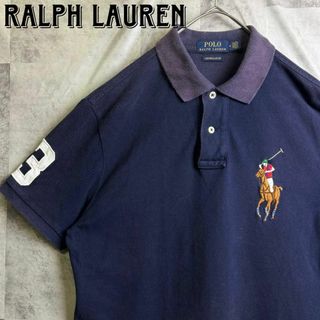 ポロラルフローレン(POLO RALPH LAUREN)の美品 ポロラルフローレン 鹿子ポロシャツ フルカラービッグポニー刺繍ロゴ 紺 M(ポロシャツ)