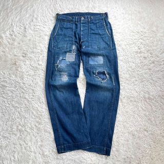 RRL デニム ユーティリティパンツ　ダメージ&リペア加工　月桂樹ボタン　刺し子