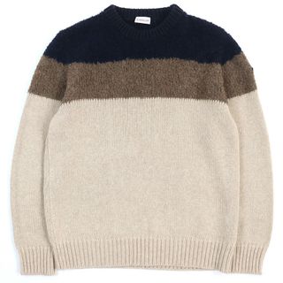 モンクレール(MONCLER)の美品△MONCLER モンクレール 2018年製 MAGLIONE TRICOT GIOROCOLLO アルパカ レザーロゴパッチ付き 長袖 セーター ニット ベージュ ネイビー ブラウン XXL ブルガリア製 正規品 メンズ(ニット/セーター)