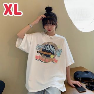 【即日発送】プリント Tシャツ XL ホワイト 半袖 カジュアル 韓国 古着系(Tシャツ(半袖/袖なし))