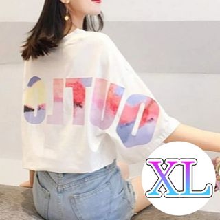 【大好評♪】　レディース　Ｔシャツ　バックプリント　白　ＸＬ　オーバーサイズ　(Tシャツ(半袖/袖なし))