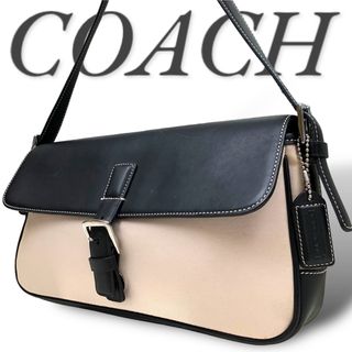 コーチ(COACH)の美品 コーチ ショルダーバッグ レザー キャンバス 黒 ベージュ系 肩掛け(ショルダーバッグ)