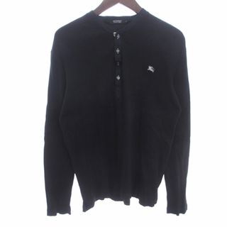 バーバリーブラックレーベル(BURBERRY BLACK LABEL)のバーバリーブラックレーベル Tシャツ カットソー ヘンリーネック ロゴ 黒 S(Tシャツ/カットソー(七分/長袖))