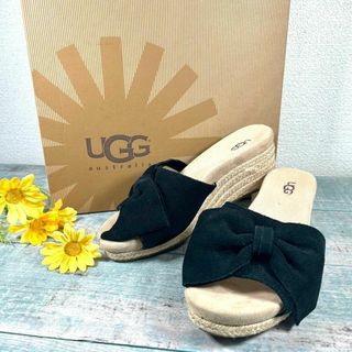 アグ(UGG)の試着のみ UGG ミュール サンダル 黒 24.5 リボン 本革(サンダル)