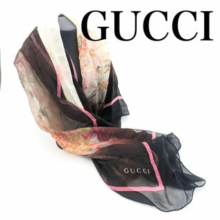 グッチ(Gucci)の【極美品】グッチ　スカーフ　大判　花　トロピカル　黒　薔薇 蘭 ラズベリー(バンダナ/スカーフ)