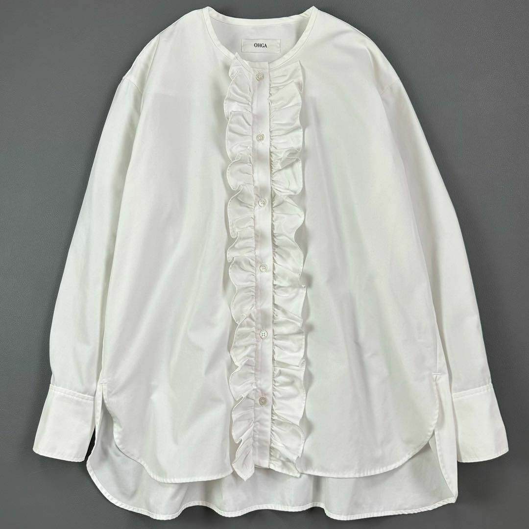 美品 OHGA バンドカラー フリル 長袖シャツ ホワイト 白 サイズF 美品 OHGA バンドカラー フリル 長袖シャツ ホワイト 白 サイズF