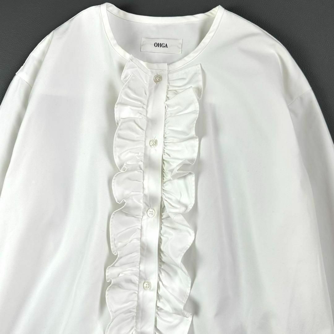 美品 OHGA バンドカラー フリル 長袖シャツ ホワイト 白 サイズF 美品 OHGA バンドカラー フリル 長袖シャツ ホワイト 白 サイズF