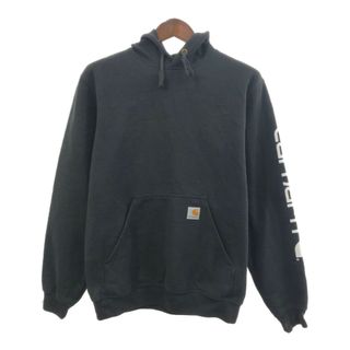 Carhartt カーハート スウェット パーカー 袖プリント ワンポイント ブラック (メンズ S) 中古 古着 Q8010(パーカー)