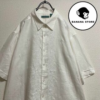 90's キューバシャツ ラインシャツ ホワイト 刺繍 ビッグサイズ リネン(Tシャツ/カットソー(半袖/袖なし))